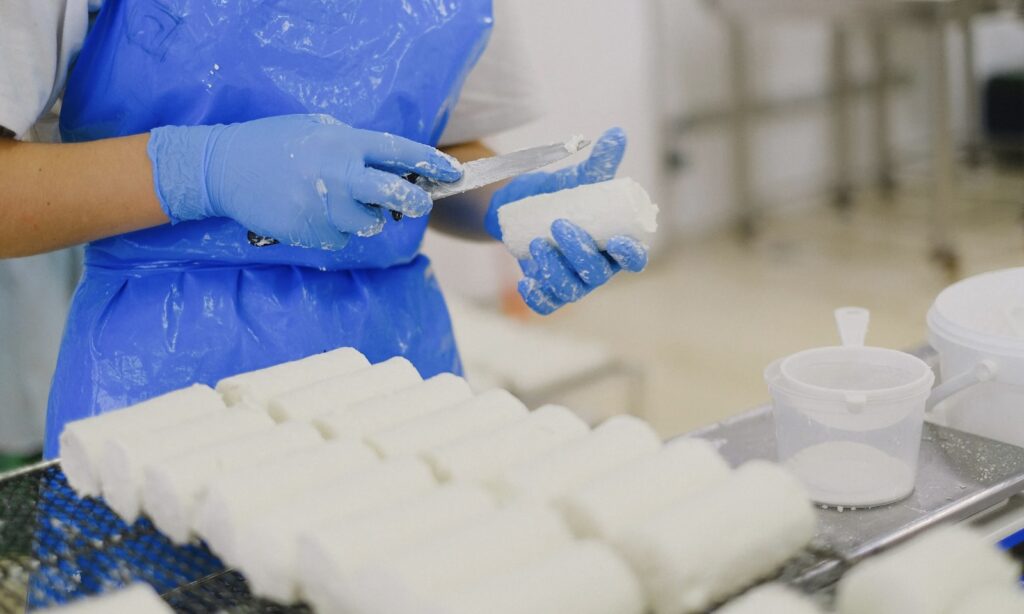Una donna con grembiule e guanti azzurri con un coltello in mano è impegnata nella produzione di formaggio