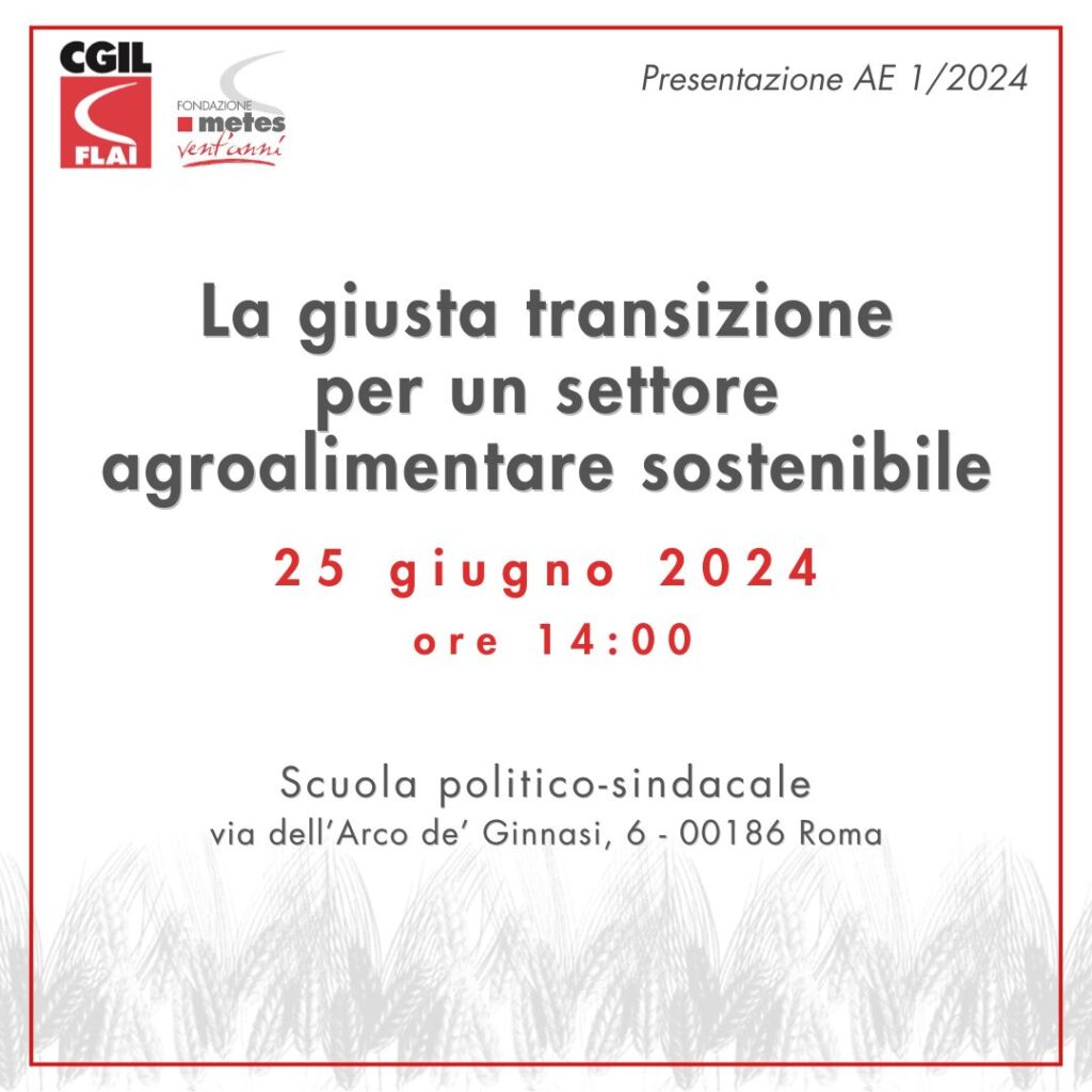 Locandina dell'iniziativa di presentazione del numero 1/2024 della rivista AE sulla transizione per un settore agroalimentare sostenibile